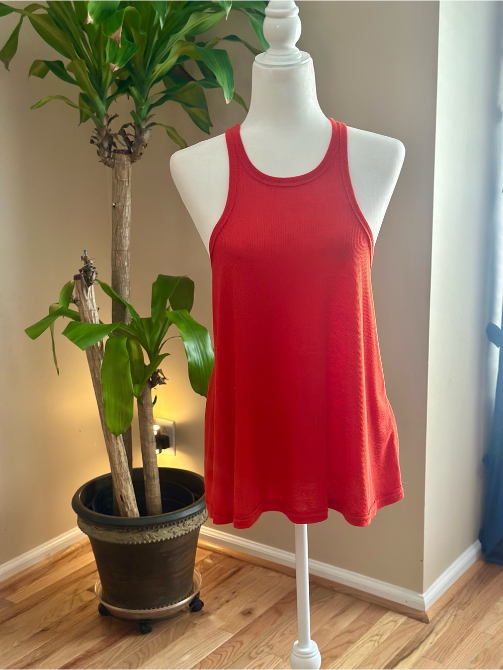Free People Orange Ribbed Racerback Tank Top M